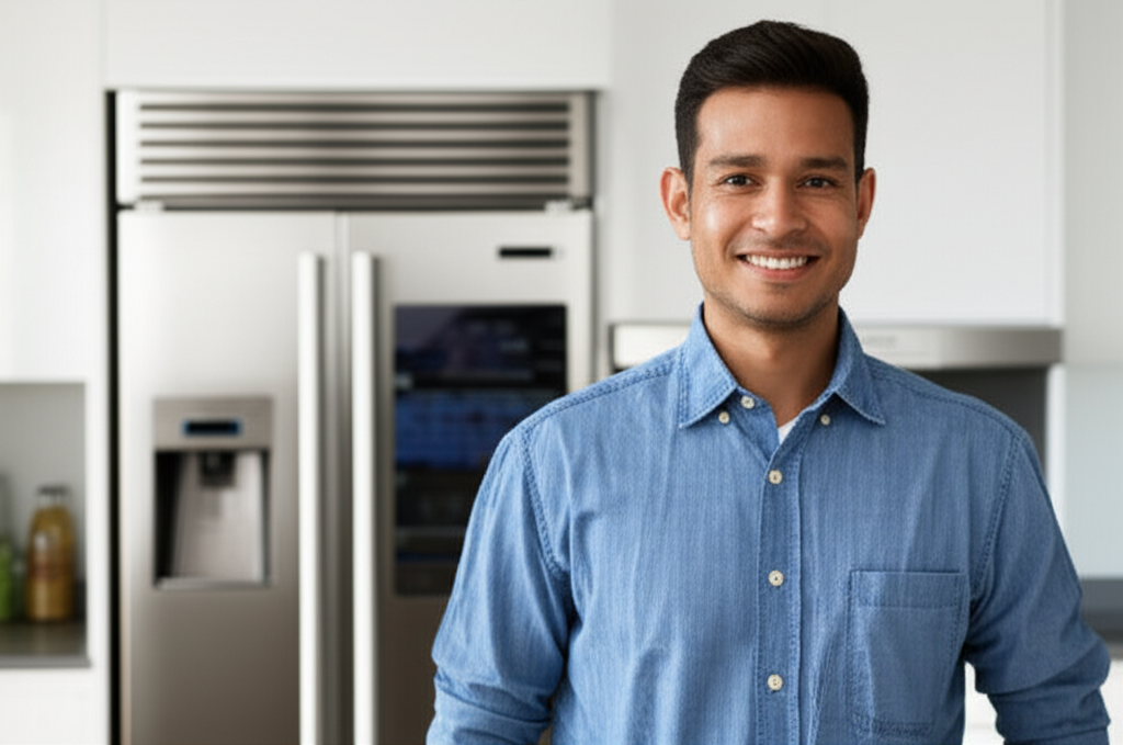 Satisfied customer with repaired luxury appliance