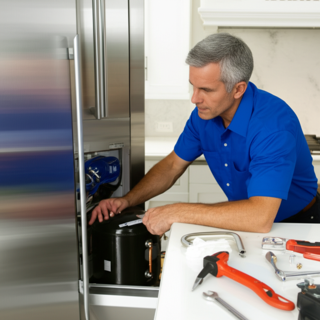 Technician repairing refrigerator