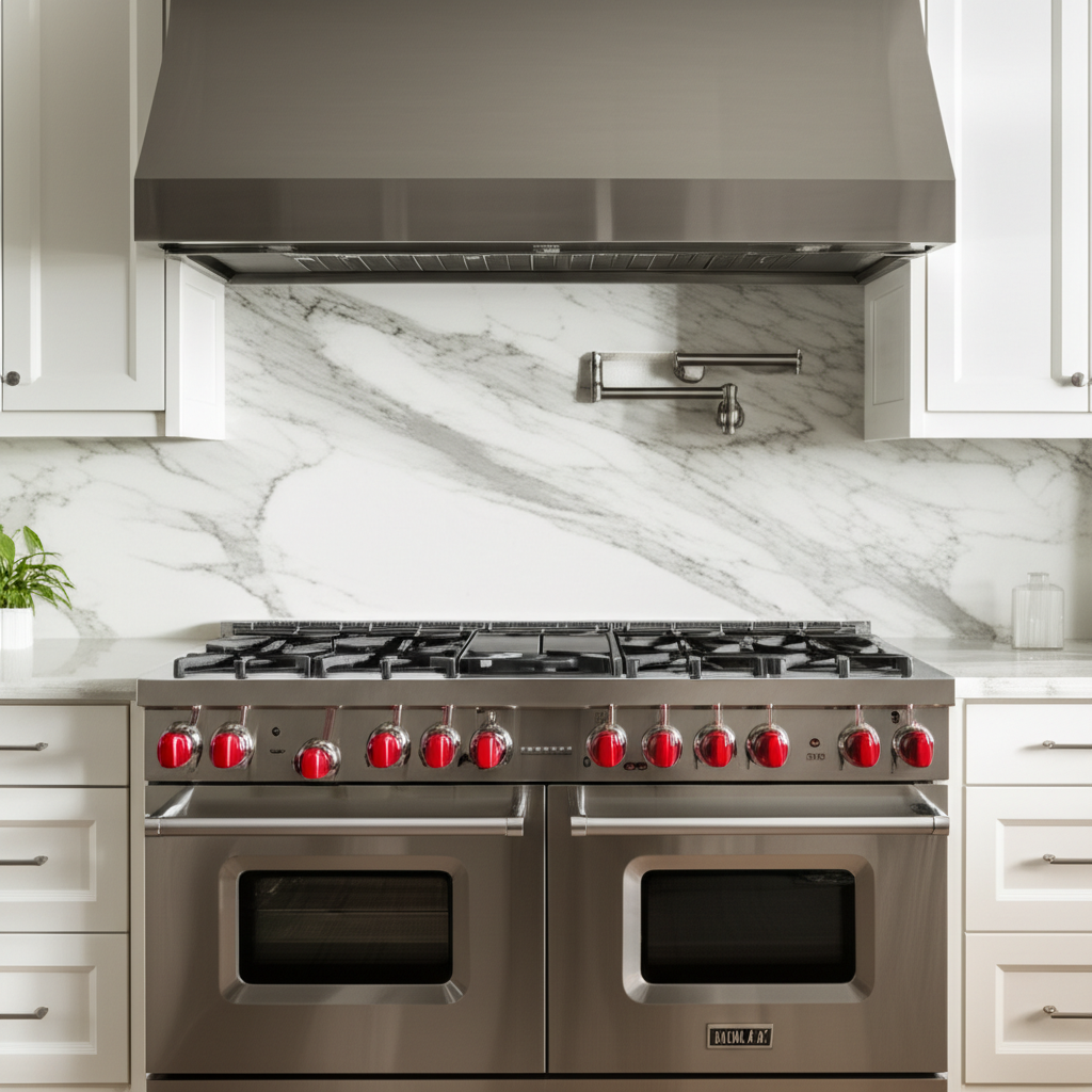 Wolf professional gas range in luxury kitchen